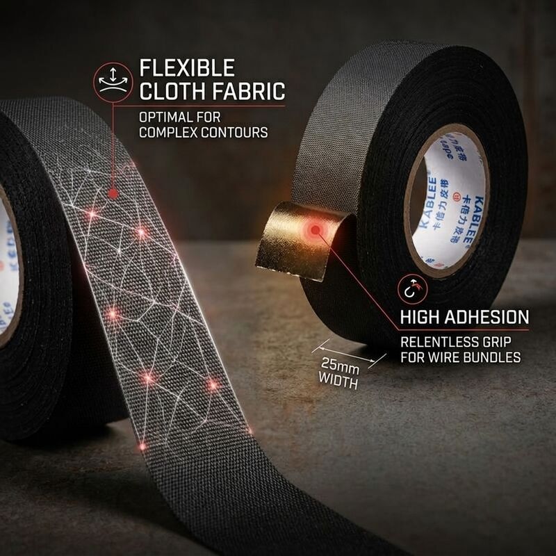 Black Cloth Wire Harness Tape 25mm x 25m High Temperature Resistant Automotive Wiring Loom Wrap